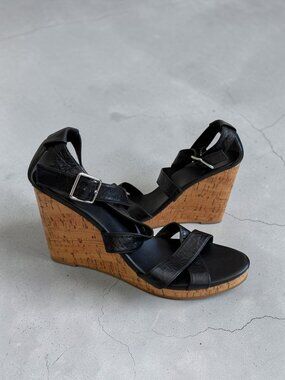 COLE HAAN Black Leather Cork Wedges Size 11